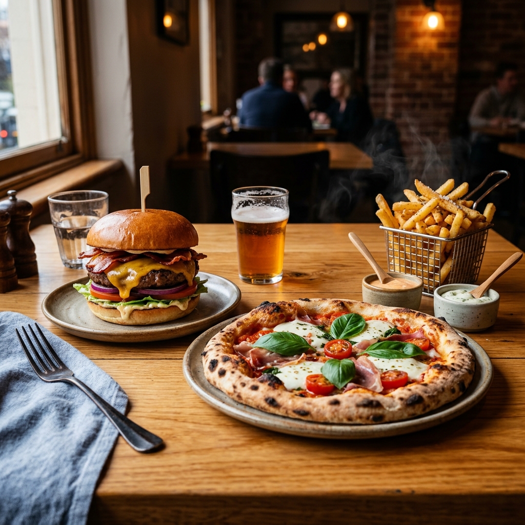 Fotografía hiperrealista de pizza, hamburguesas y cena nocturna a domicilio en Yopal